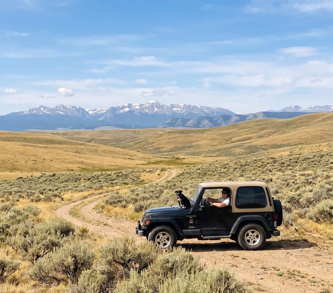 Troy Puls and his dog in a Jeep on a Wyoming backcountry trail with snow-capped mountains